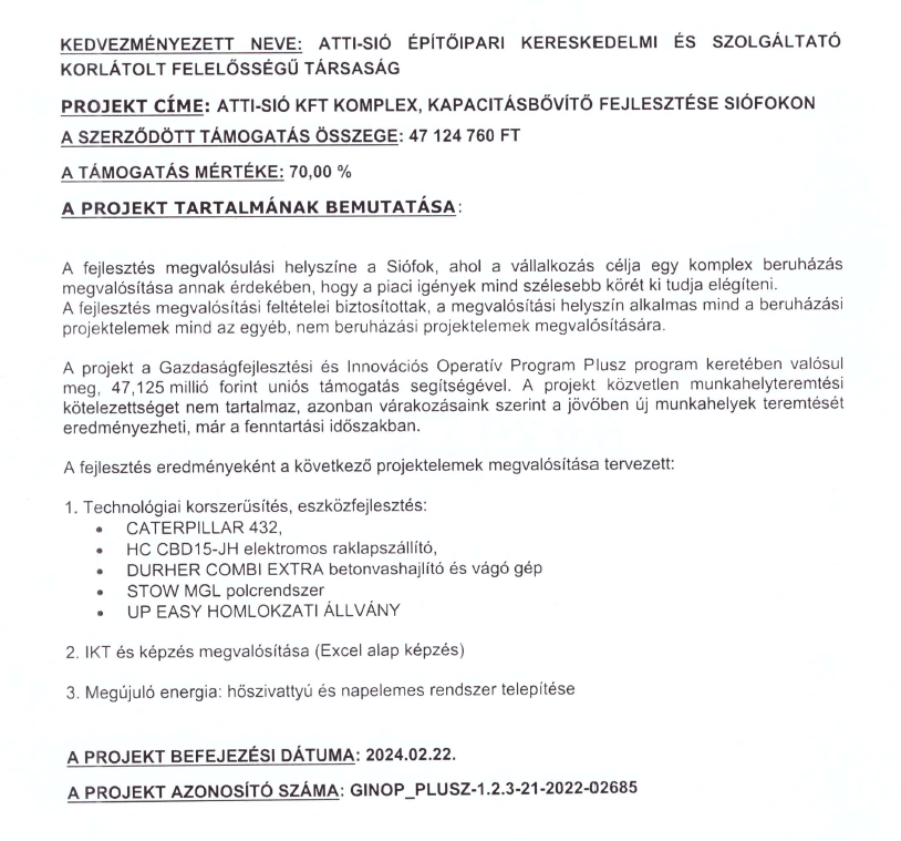 ATTI-Sió Kft. pályázati projekt leírása – komplex, kapacitásbővítő fejlesztés Siófokon